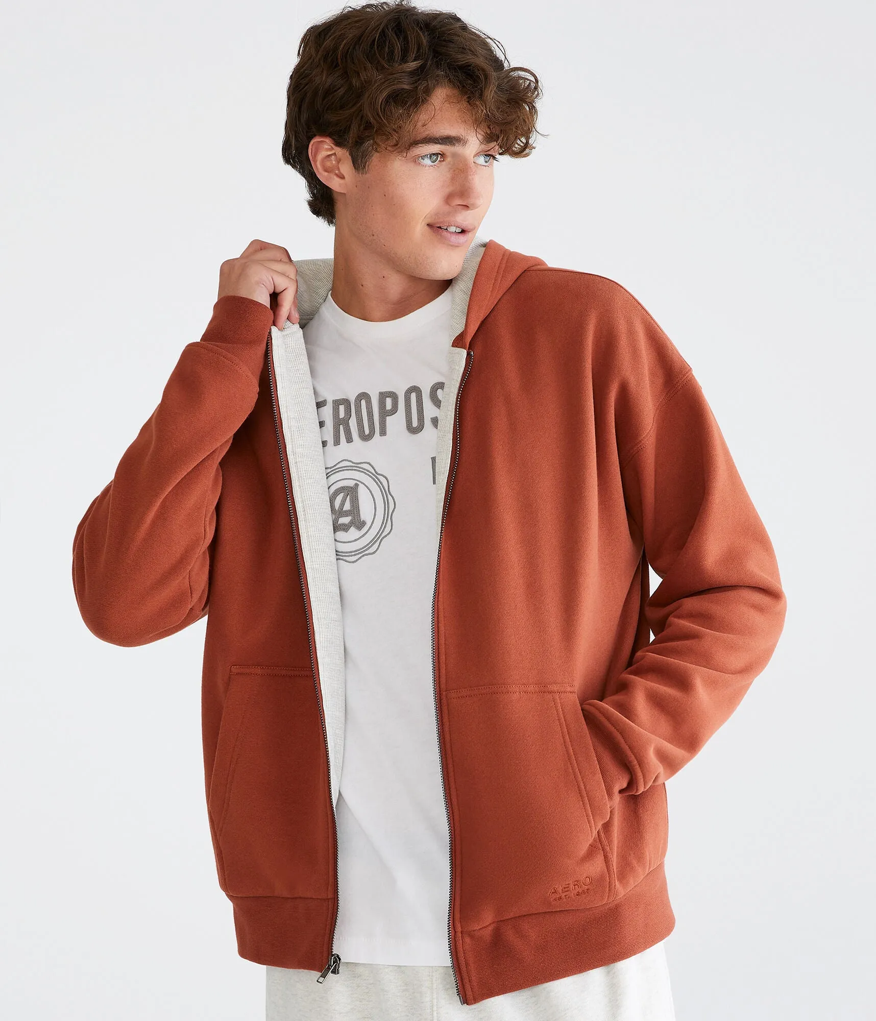 Aeropostale Pull à capuche thermique unie pour hommes avec fermeture éclair - Marron - Taille L - Coton - Mode et vêtements pour adolescents Spice Aeropostale