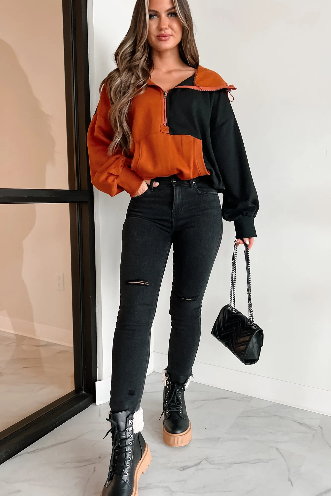 Sweat à capuche mi-zippé colorblock Splendeur d'Automne (Rouille/Noir)