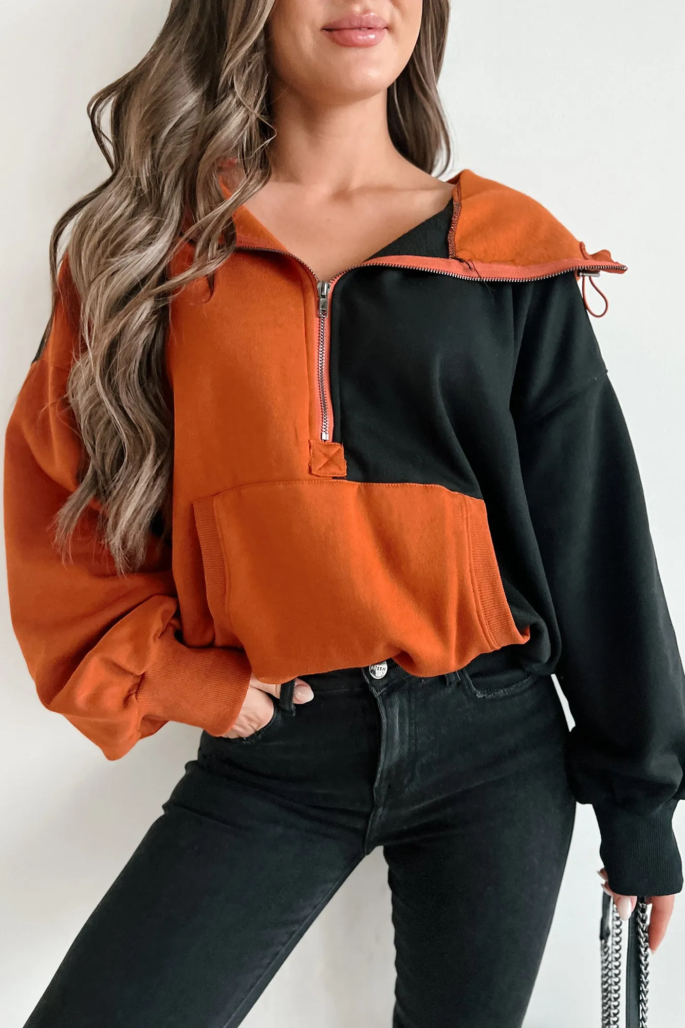 Sweat à capuche mi-zippé colorblock Splendeur d'Automne (Rouille/Noir)