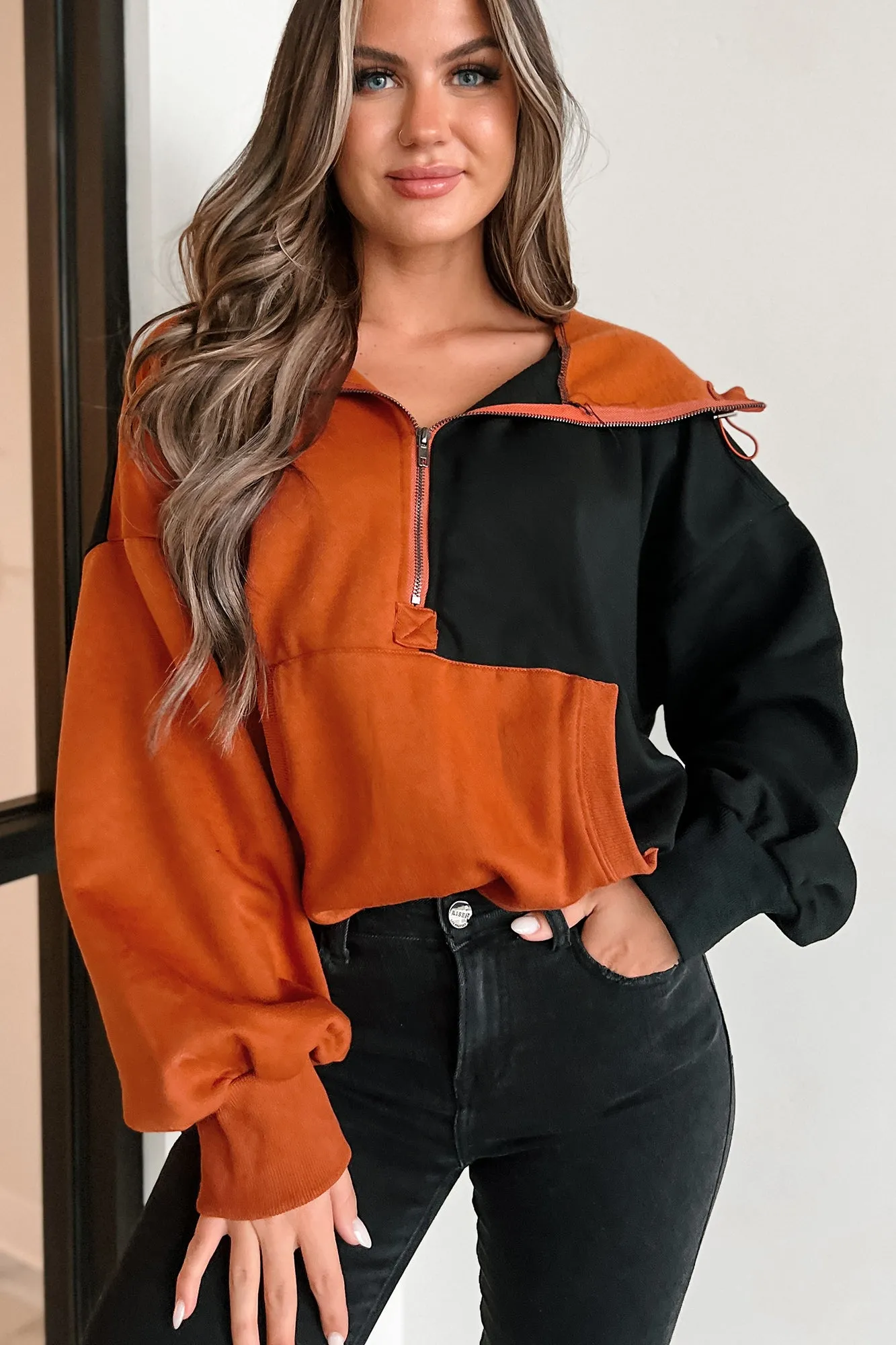 Sweat à capuche mi-zippé colorblock Splendeur d'Automne (Rouille/Noir)
