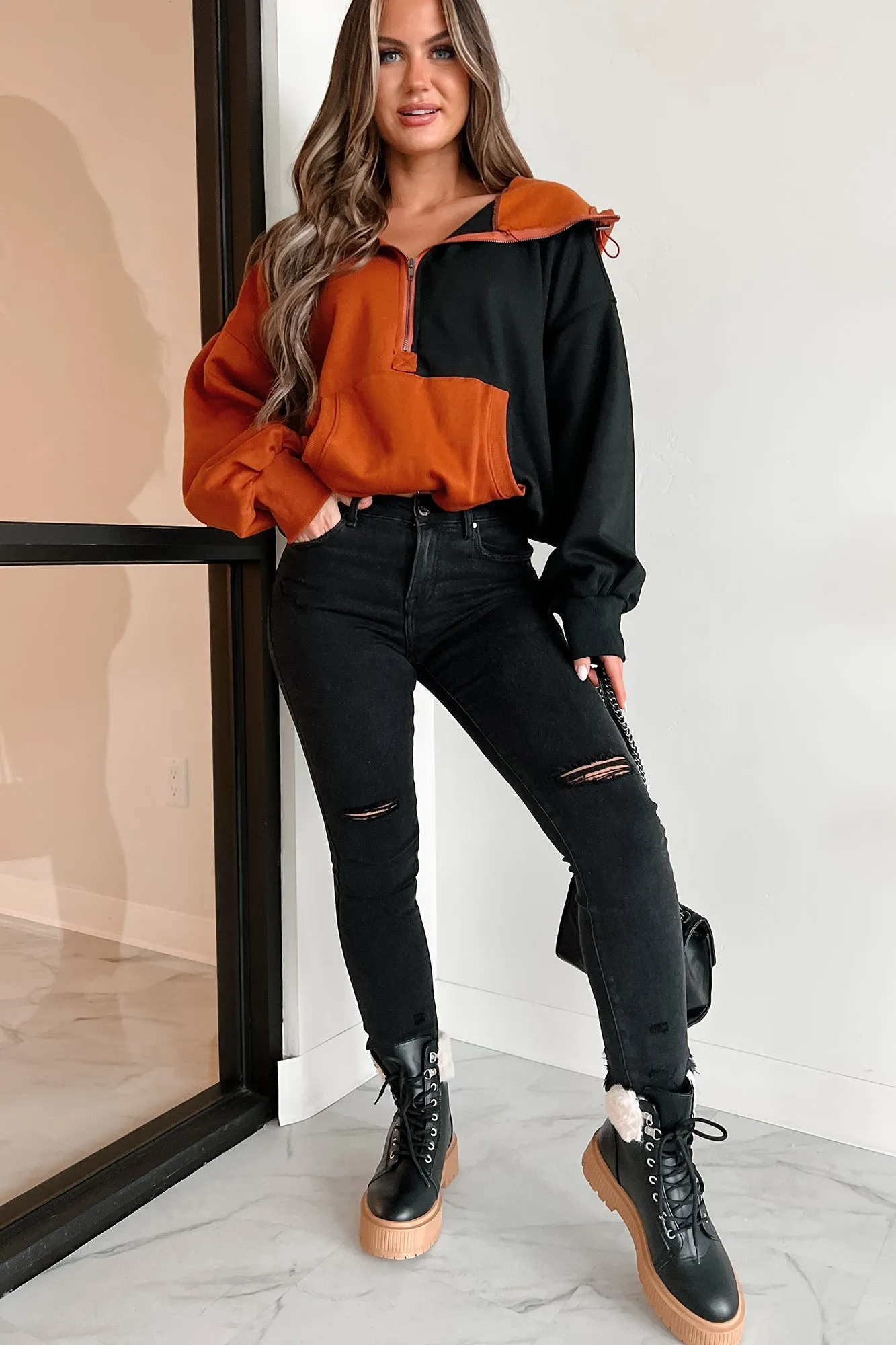 Sweat à capuche mi-zippé colorblock Splendeur d'Automne (Rouille/Noir)