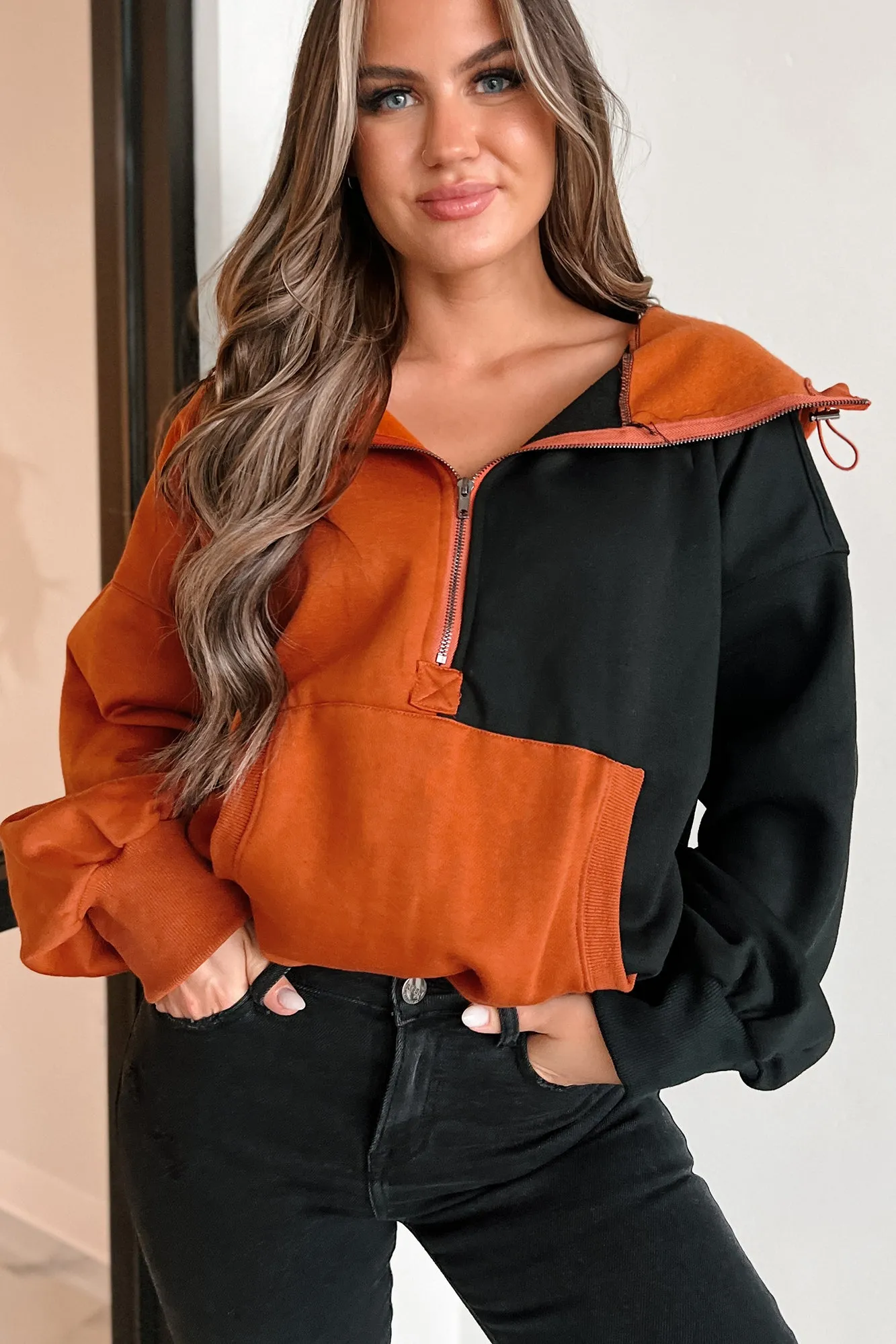 Sweat à capuche mi-zippé colorblock Splendeur d'Automne (Rouille/Noir)