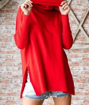 Cowl Neck Slit Sweater In Red