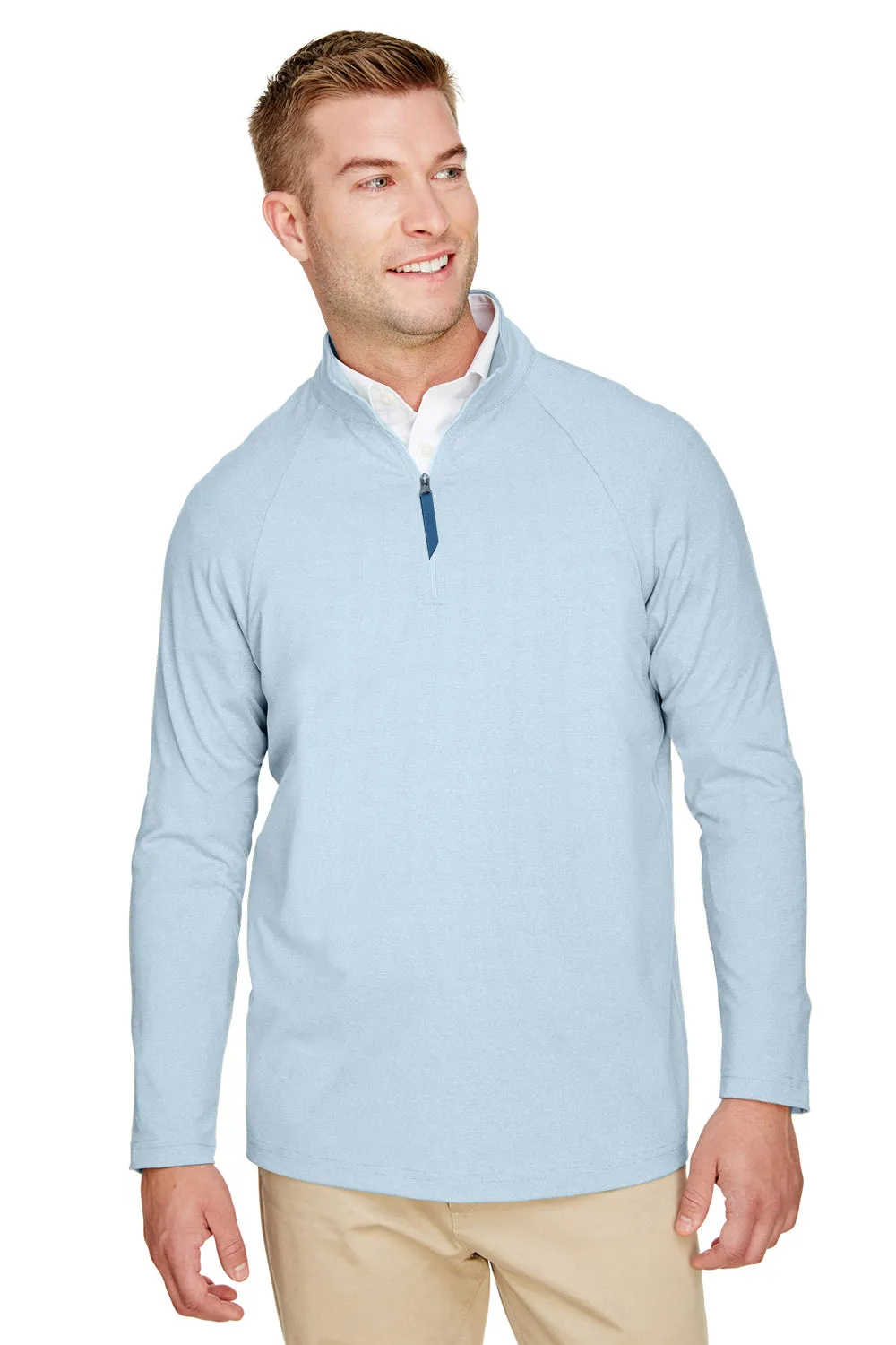 Devon & Jones Sweat-shirt à capuche 1/4 zip pour hommes CrownLux Clubhouse Performance à évacuation de l'humidité - Bleu océan