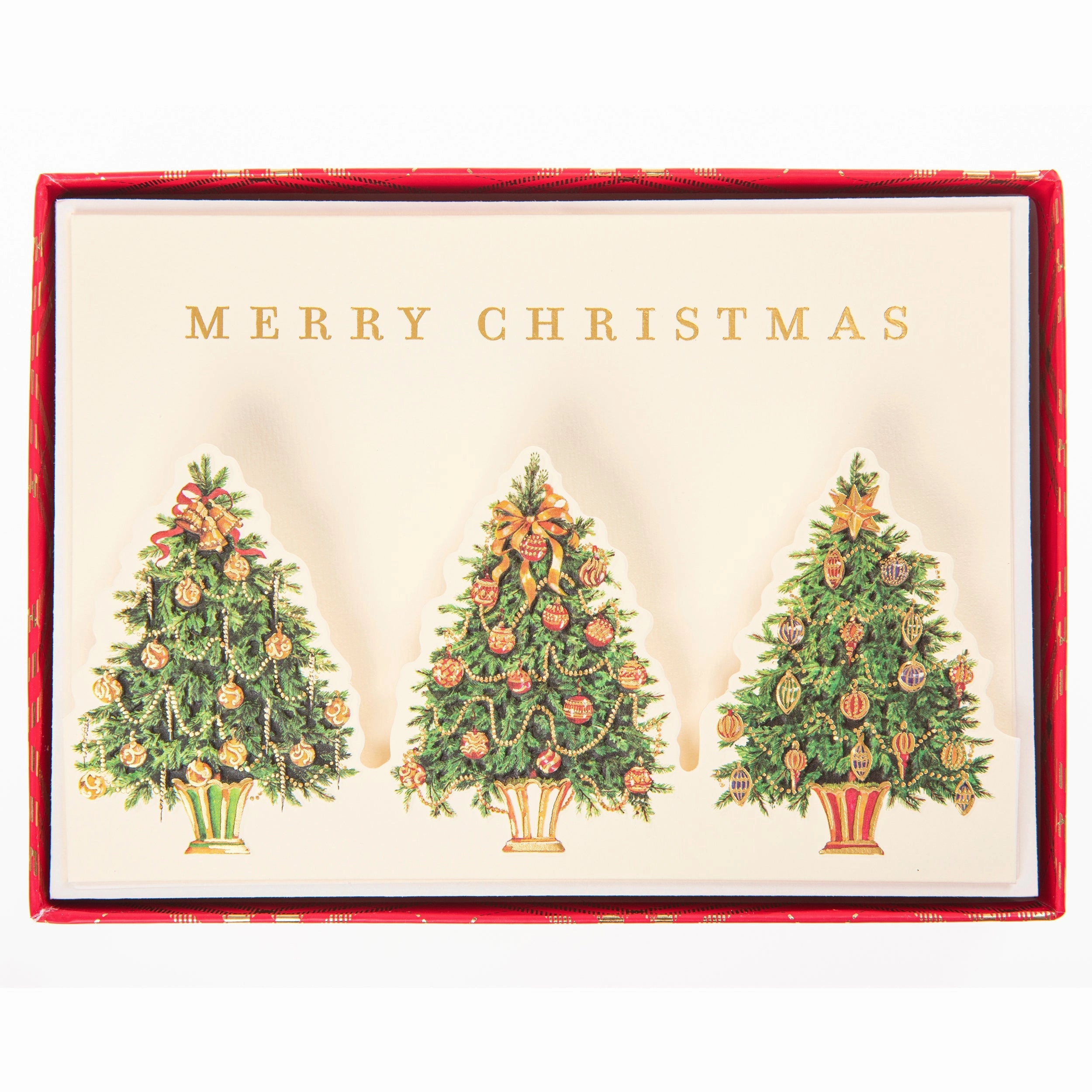 Cartes de vœux de Noël en trio d'arbres découpés sous coffret
