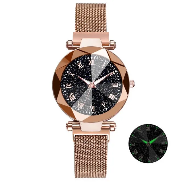 Montres-bracelets en acier inoxydable luxueuses à motif ciel étoilé pour femmes - Montres à quartz analogiques avec cristaux - Montres de sport et habillées pour femmes - Accessoires de mode Fashion Nova