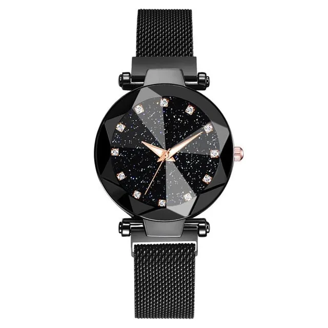 Montres-bracelets en acier inoxydable luxueuses à motif ciel étoilé pour femmes - Montres à quartz analogiques avec cristaux - Montres de sport et habillées pour femmes - Accessoires de mode Fashion Nova