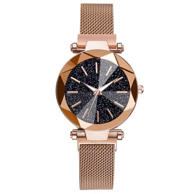Montres-bracelets en acier inoxydable luxueuses à motif ciel étoilé pour femmes - Montres à quartz analogiques avec cristaux - Montres de sport et habillées pour femmes - Accessoires de mode Fashion Nova
