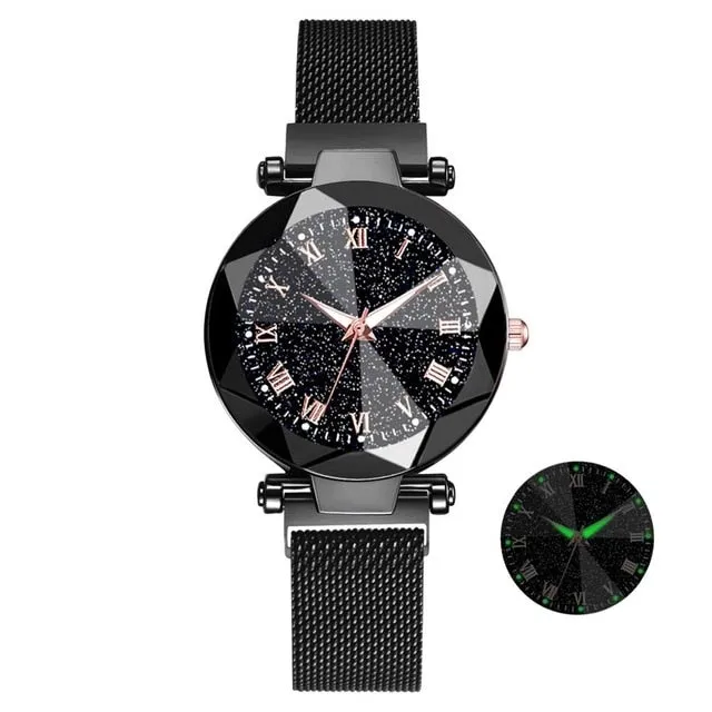 Montres-bracelets en acier inoxydable luxueuses à motif ciel étoilé pour femmes - Montres à quartz analogiques avec cristaux - Montres de sport et habillées pour femmes - Accessoires de mode Fashion Nova