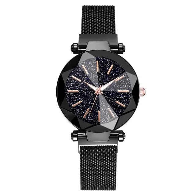 Montres-bracelets en acier inoxydable luxueuses à motif ciel étoilé pour femmes - Montres à quartz analogiques avec cristaux - Montres de sport et habillées pour femmes - Accessoires de mode Fashion Nova