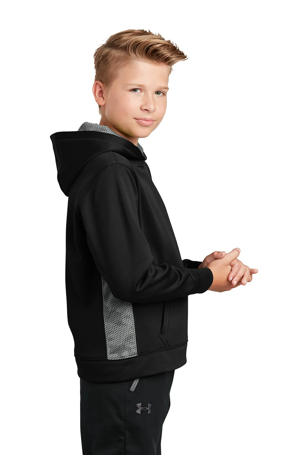Sport-Tek Sweat à capuche pour jeunes Sport-Wick CamoHex en polaire absorbant l'humidité avec poche kangourou - Noir/Gris fumée foncé