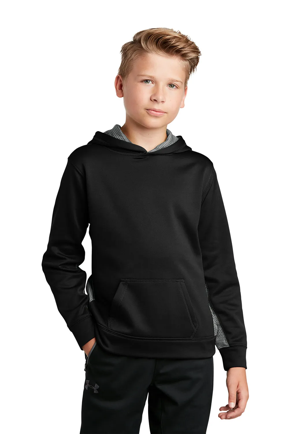 Sport-Tek Sweat à capuche pour jeunes Sport-Wick CamoHex en polaire absorbant l'humidité avec poche kangourou - Noir/Gris fumée foncé