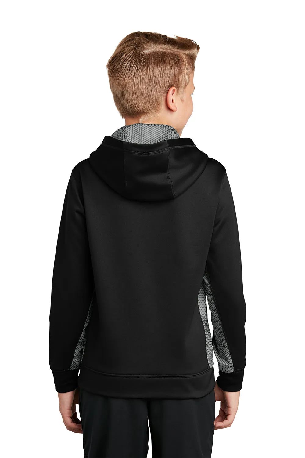 Sport-Tek Sweat à capuche pour jeunes Sport-Wick CamoHex en polaire absorbant l'humidité avec poche kangourou - Noir/Gris fumée foncé