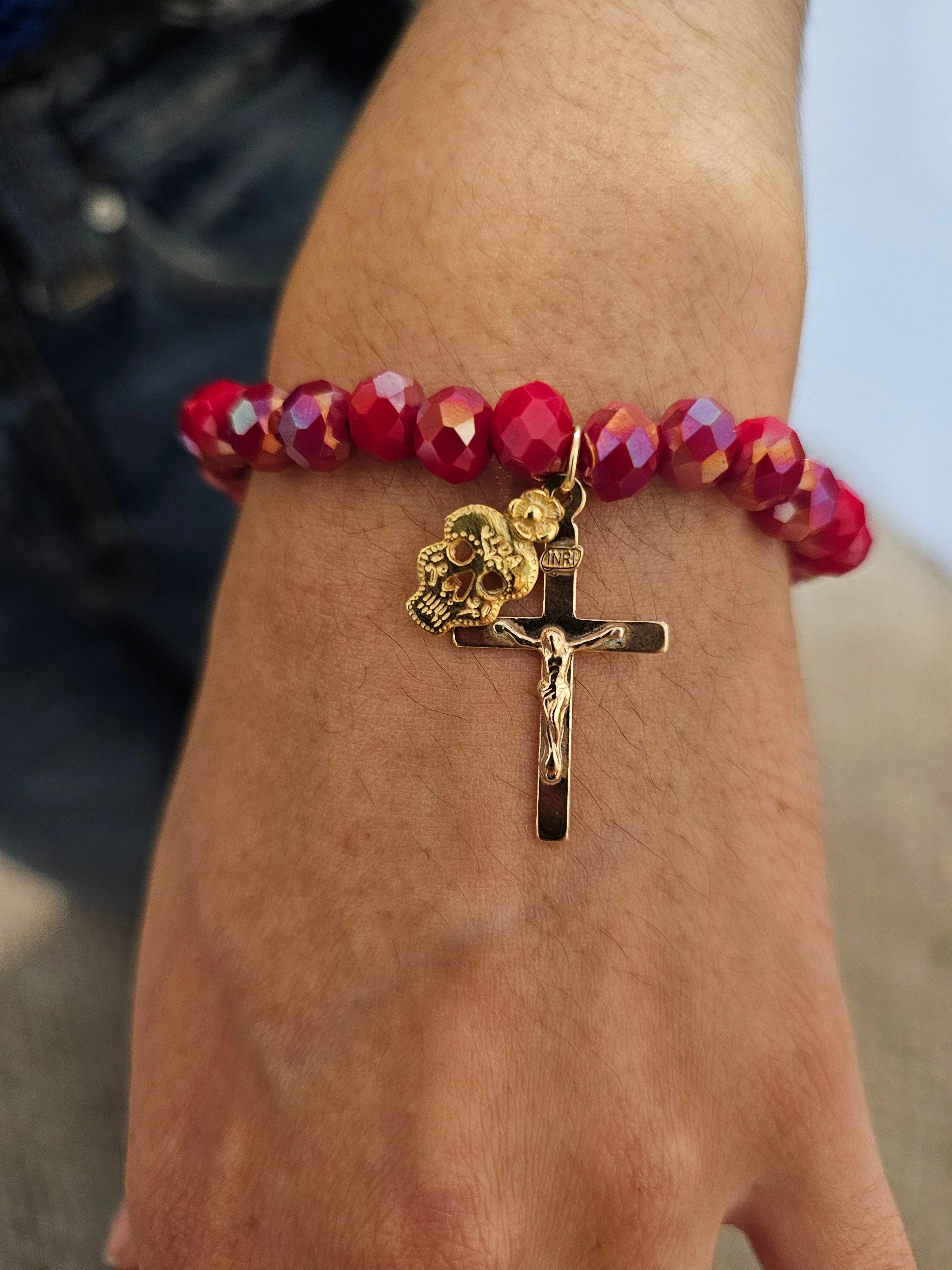 Sugar Skull Cross Crystal Bracelet