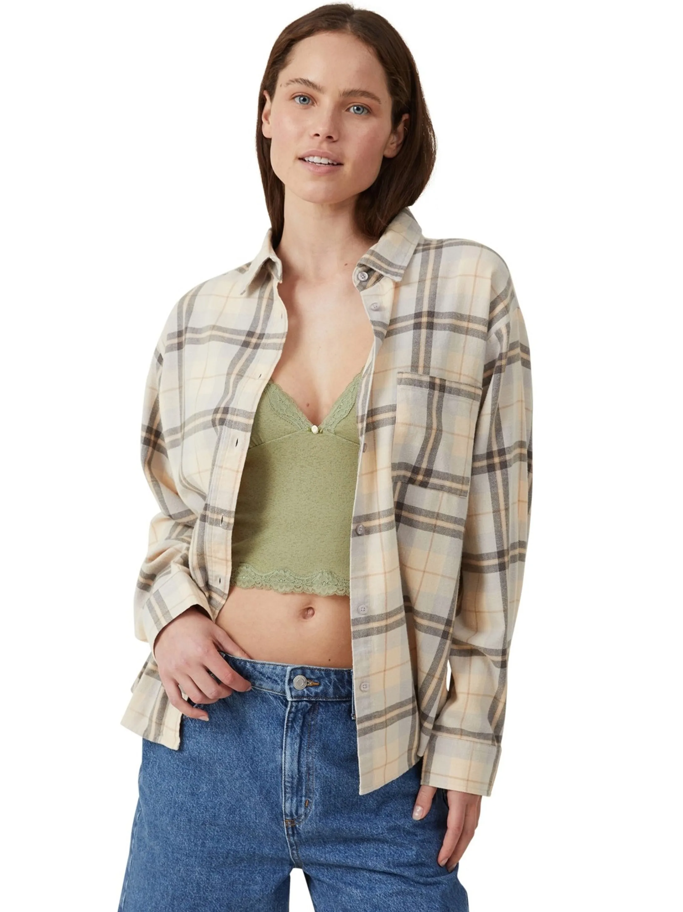 Chemise à carreaux boutonnée pour femme, Beige