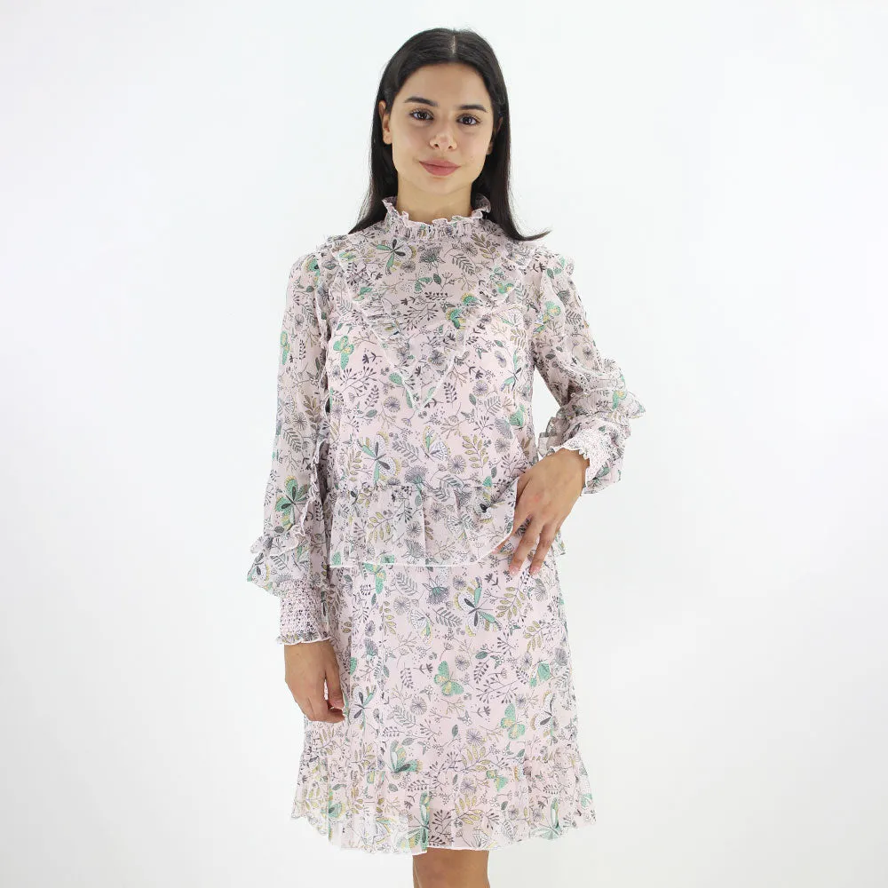 Robe en mousseline imprimée florale pour femme, rose clair