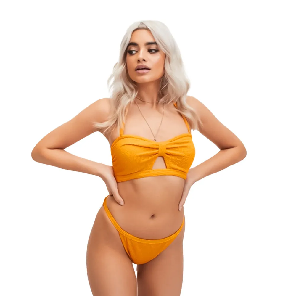 Haut de bikini bandeau à nœud découpé froncé pour femmes, Jaune