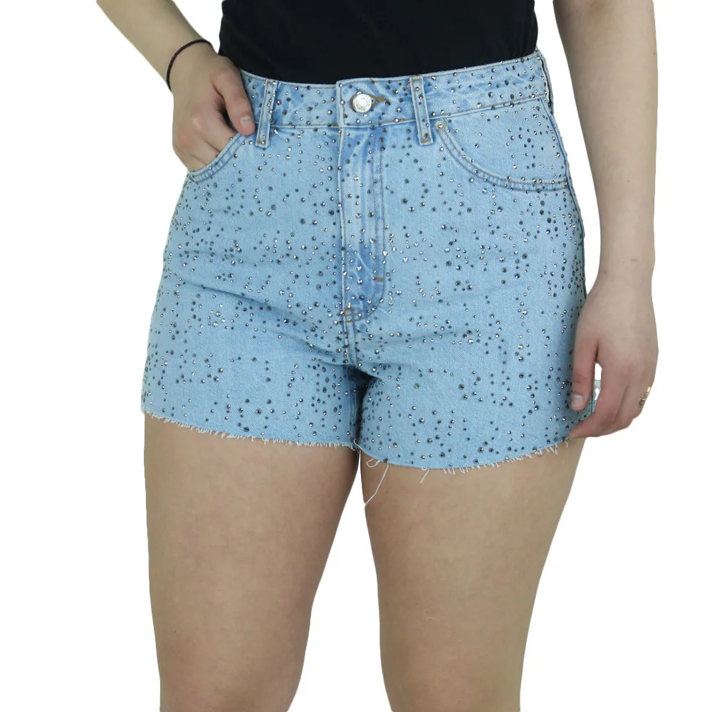 Short en Jean à Paillettes pour Femme, Bleu Clair