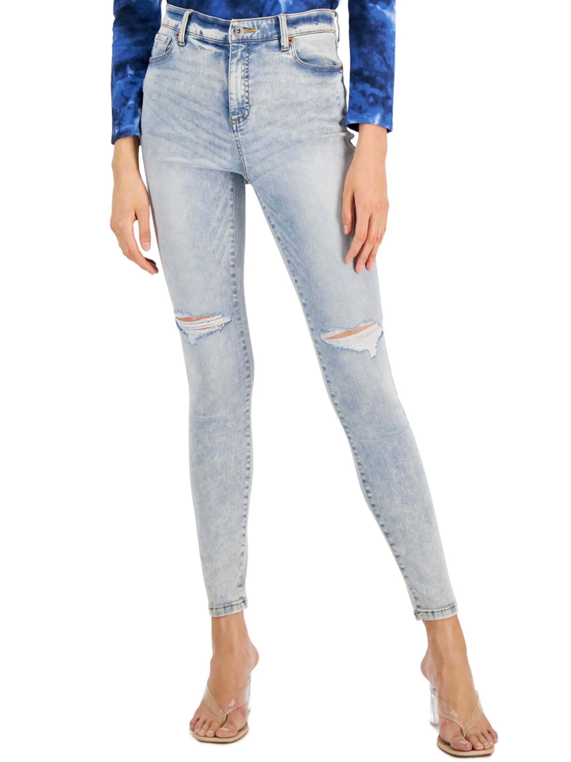 Pantalon en denim slim déchiré à taille haute pour femme, bleu clair