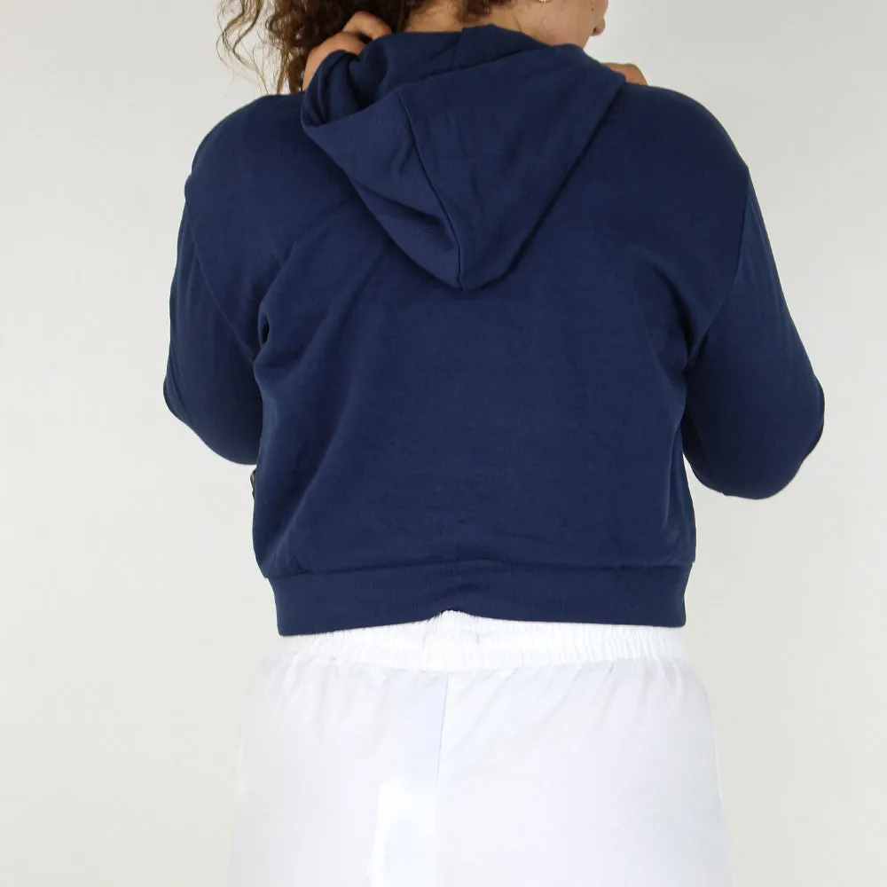 Pull à capuche court uni pour femme, Marine