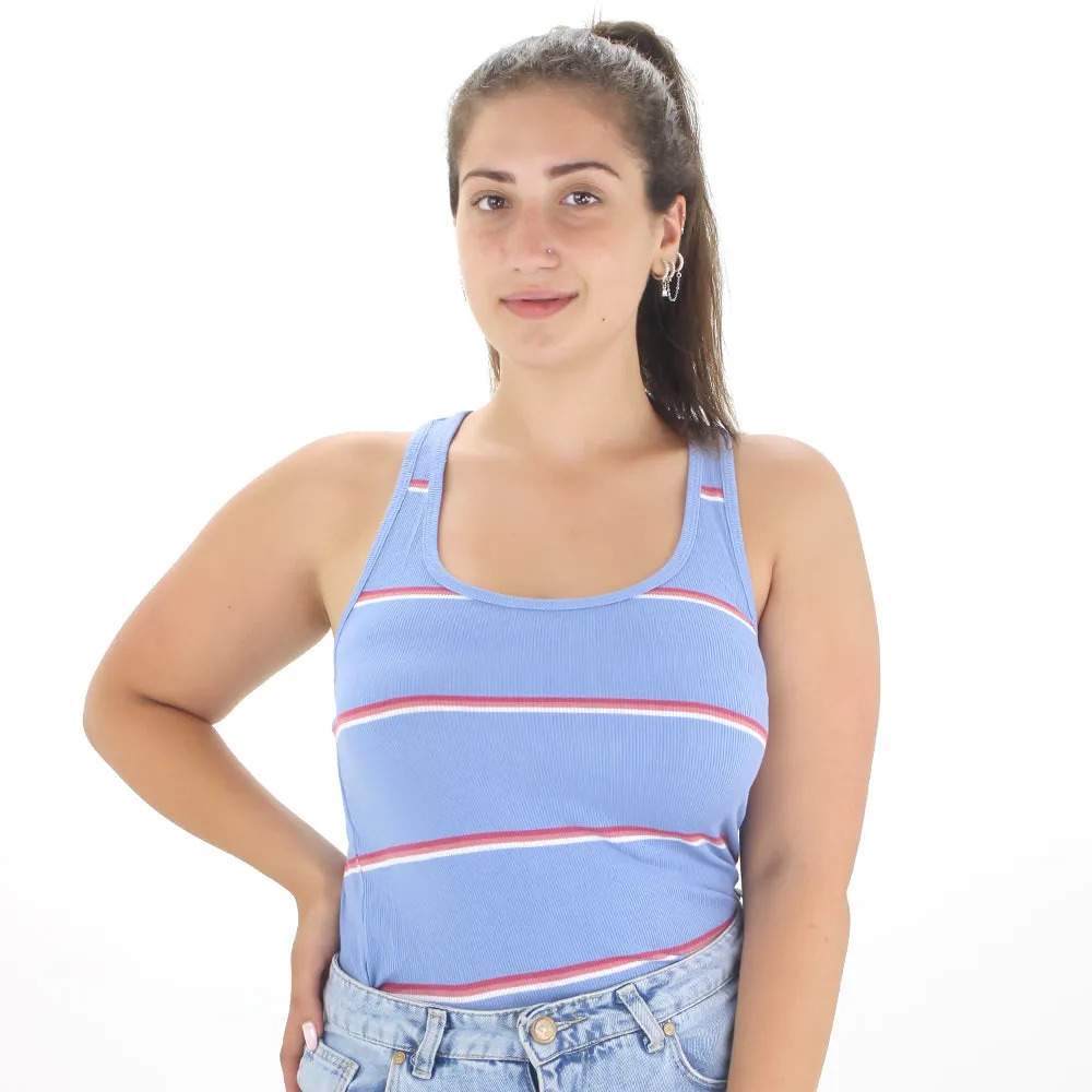 Haut sans manches rayé et côtelé pour femmes, Bleu