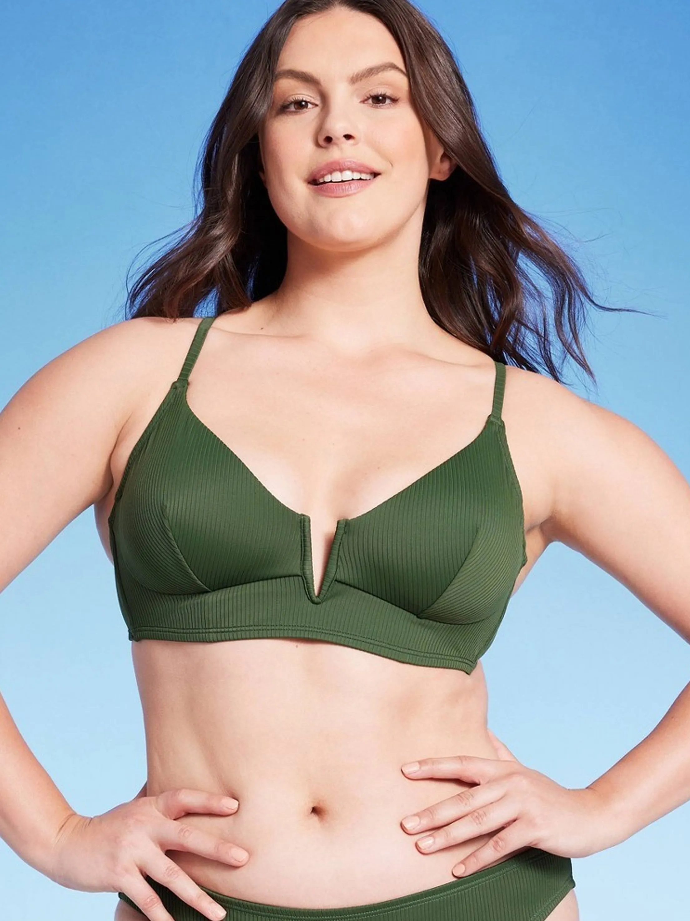 Haut de bikini côtelé pour femme, vert foncé