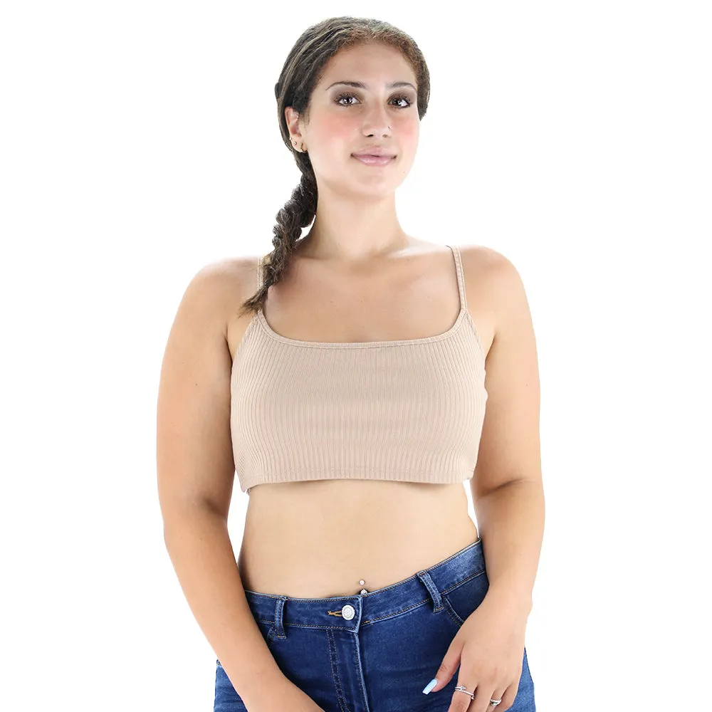 Haut court à bretelles spaghetti côtelé pour femmes, Beige