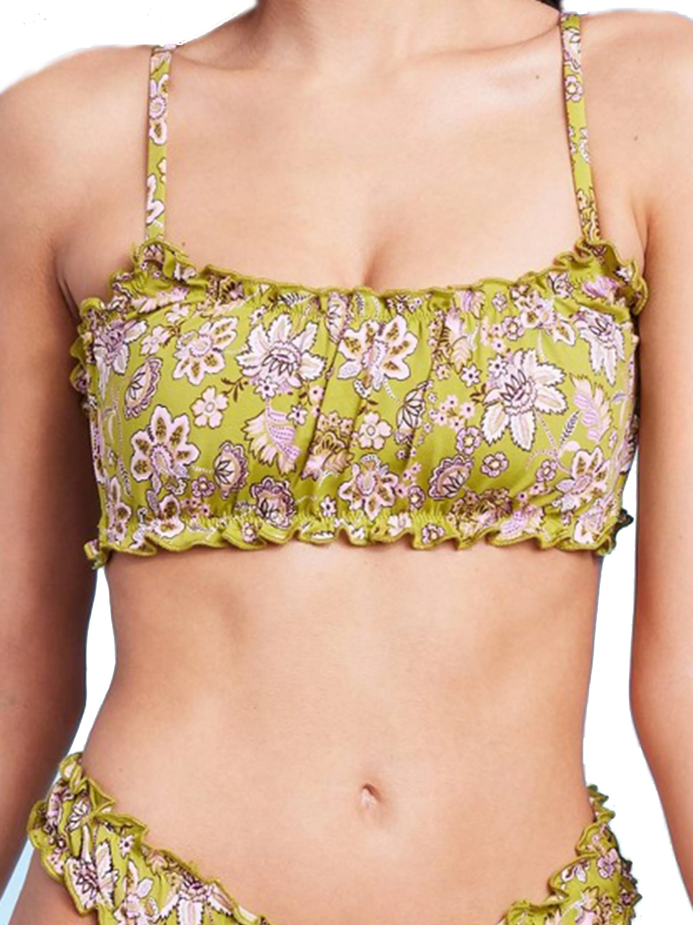 Haut de bikini floral à détails volantés pour femme, Vert