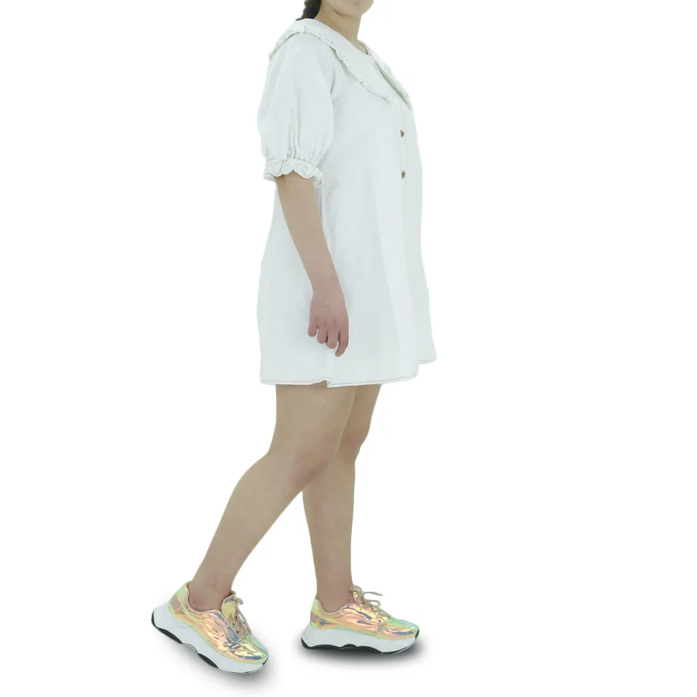 Robe chemisier à encolure ruchée pour femme, Blanc