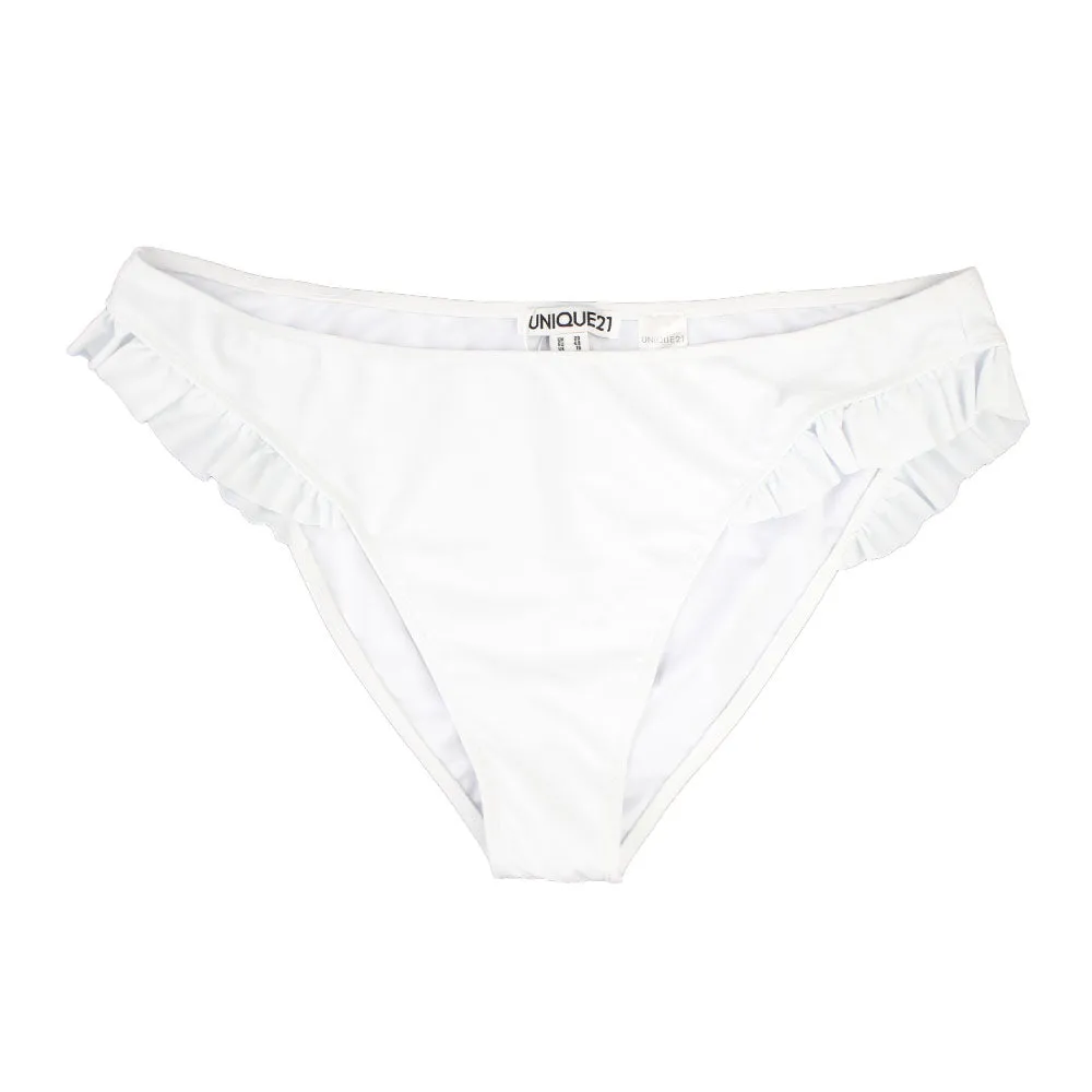 Slip de Bikini Femme à Volants Solides, Blanc