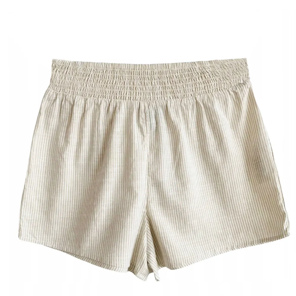 Short Femme à Haute Taille Rayé, Beige