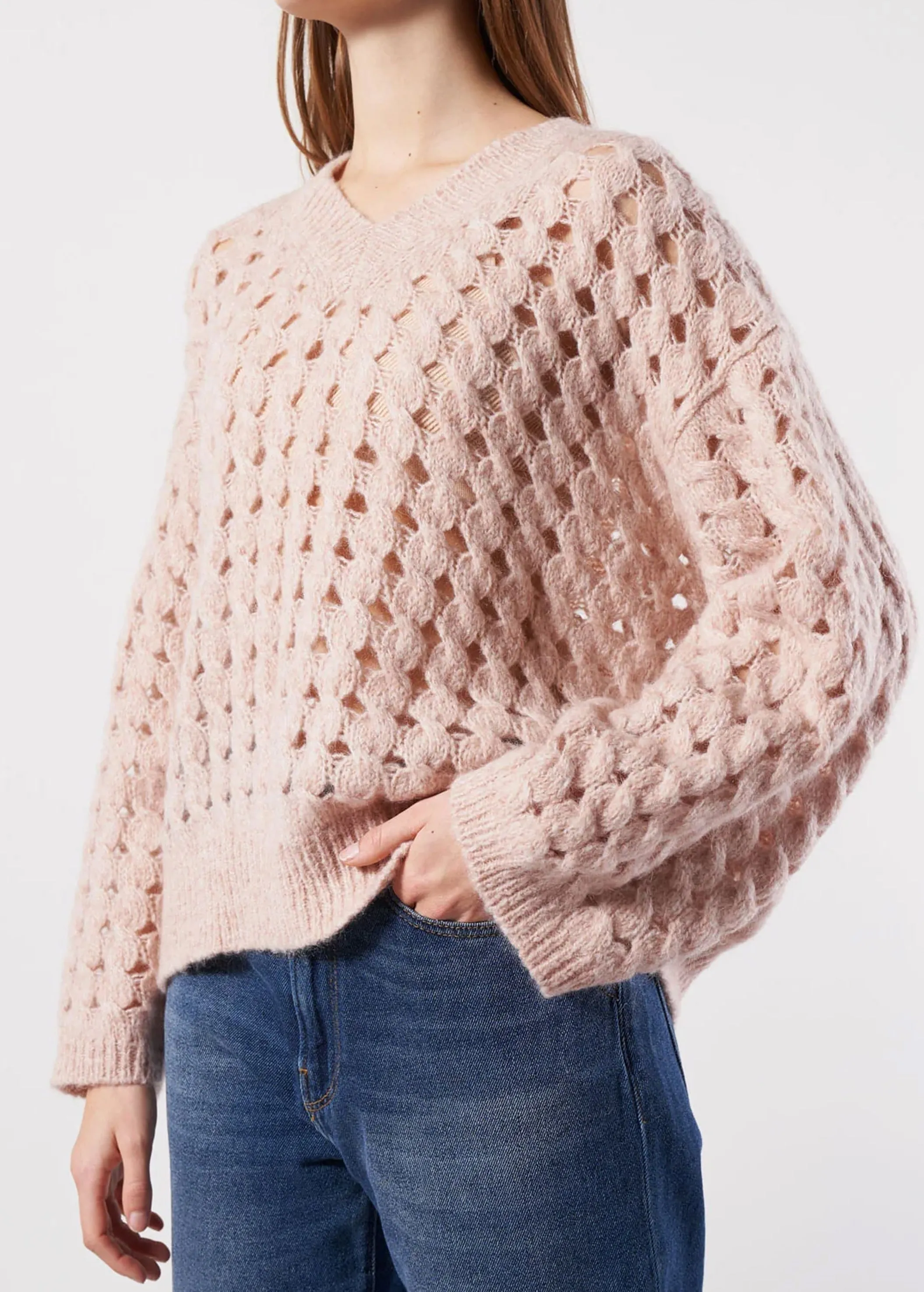 Pull à mailles ouvertes texturé pour femme, Pêche clair