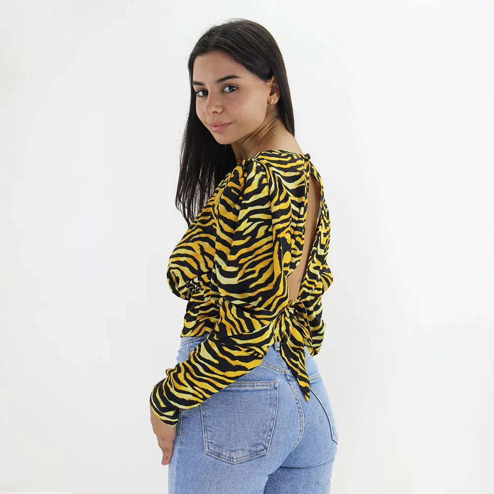 Haut dos ouvert imprimé zébré pour femmes, Jaune/Noir